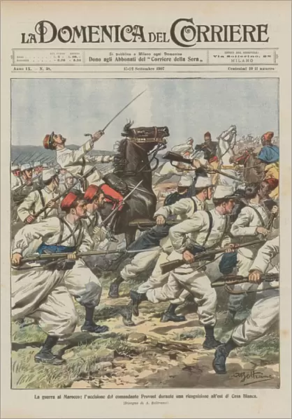 The war on Morocco, the killing of Commander Provost during a reconnaissance east of Casa Blanca (colour litho)