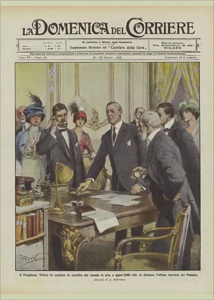 President Wilson triggers the spark that sends into the air at almost 6, 000 kilos... (colour litho)