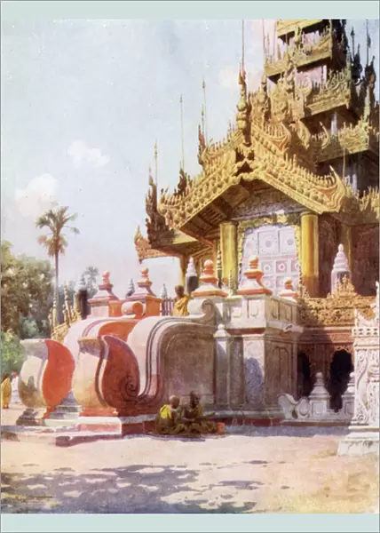 Portico of the Queens Golden Monastery, Mandalay (colour litho)