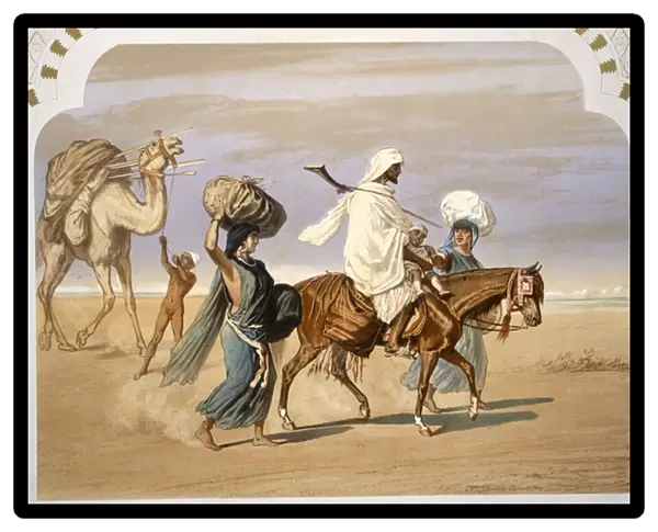 Bedouin family travels across the desert, 1860 (colour litho)