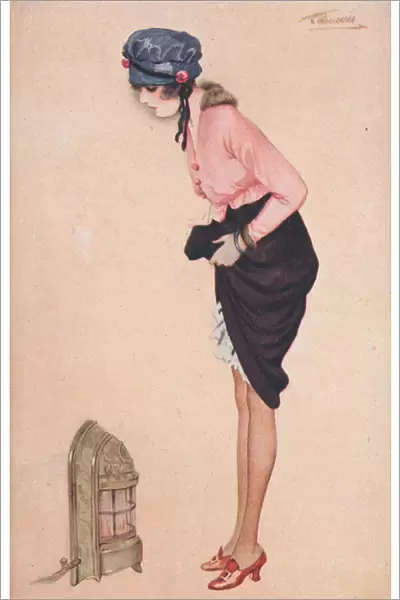 A womam lifting her skirt to warm her legs by a small heater (colour litho)