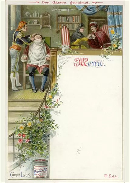 Menu with a scene from The Barber of Seville and an advertisement for Liebigs Extract of Meat (colour litho)