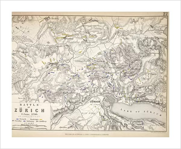 Map of the Battle of Zurich, published by William Blackwood and Sons, Edinburgh & London