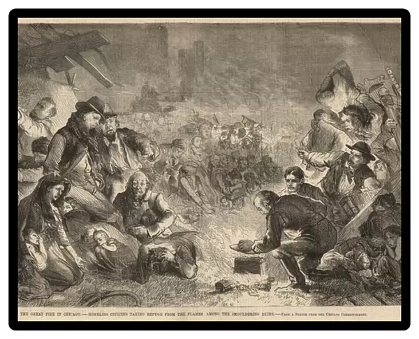 Homeless citizens taking refuge from the flames among the smouldering ruins (engraving)