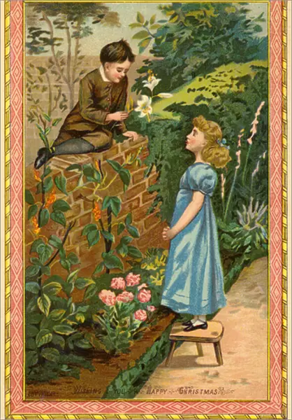 Boy sitting on a wall offering flowers to a girl (chromolitho)