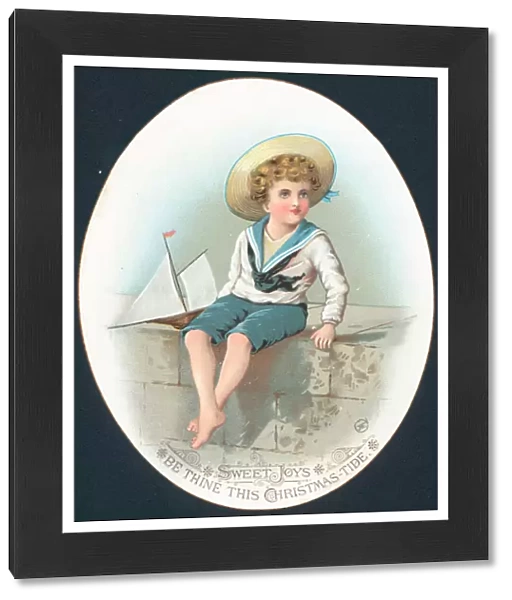Boy in Sailor Suit with toy yacht, Christmas Card (chromolitho)