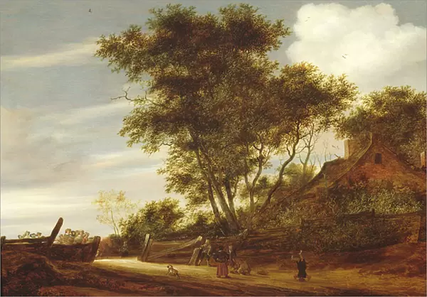 Wooded landscape with children playing on the road by a cottage, 1658 (oil on panel)