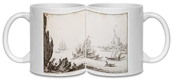A galley rammed amidships by a man-o -war under sail within sight of harbour, c