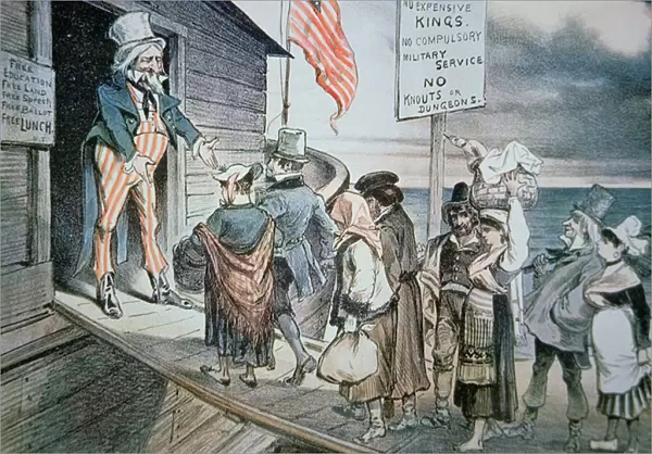 Welcome All cartoon, 1880 (colour litho)