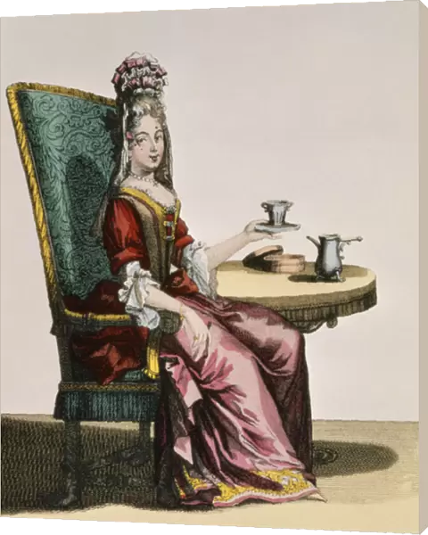 Lady Taking Coffee, fashion plate, c. 1695 (engraving)