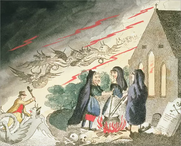 Three Witches in a Graveyard, c. 1790s (coloured engraving)