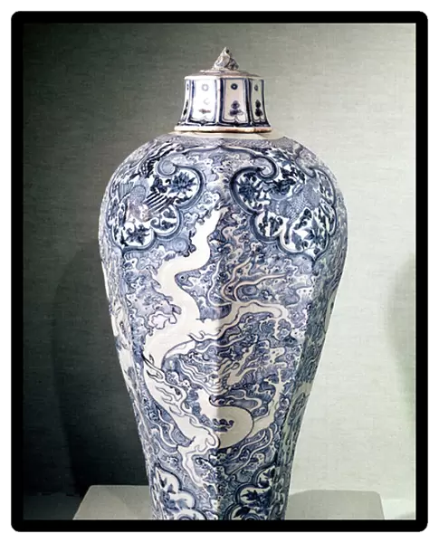 Octagonal Mei- P ing vase with white and blue decoration, from Baoding