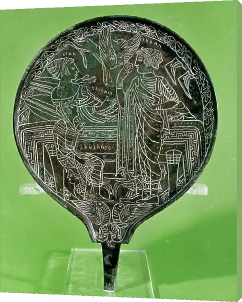 Mirror depicting Aphrodite persuading Helen to follow Paris to Troy