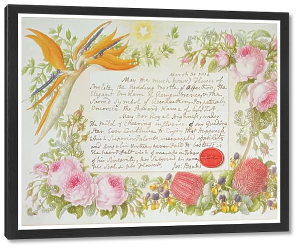 A surround of mixed flowers with an inscribed message by Joseph Banks