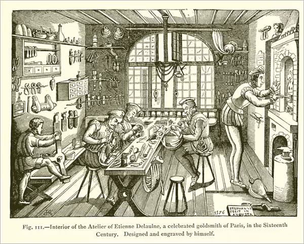 Interior of the Atelier of Etienne Delaulne, a celebrated Goldsmith of Paris, in the Sixteenth Century (engraving)