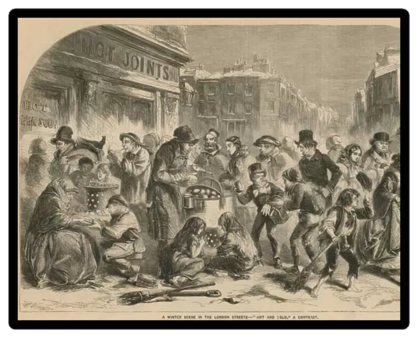 A winter scene in the London streets - hot and cold: a contrast (engraving)