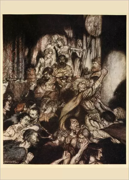 The banqueting hall was in tumult, illustration from Irish Fairy Tales