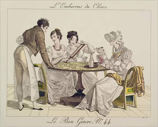 Too Much Choice, plate 44 from Le Bon Genre, 1827 (coloured engraving)