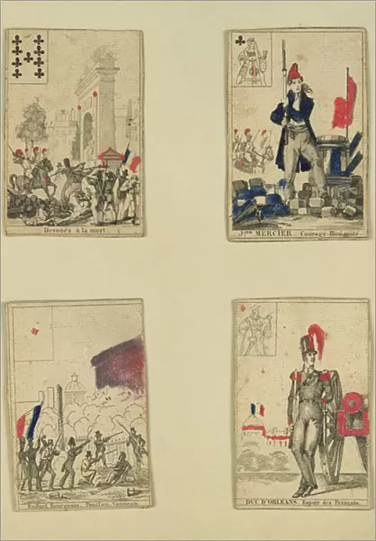 Four playing cards commemorating the heroes of July 1830, 1831 (coloured engraving)