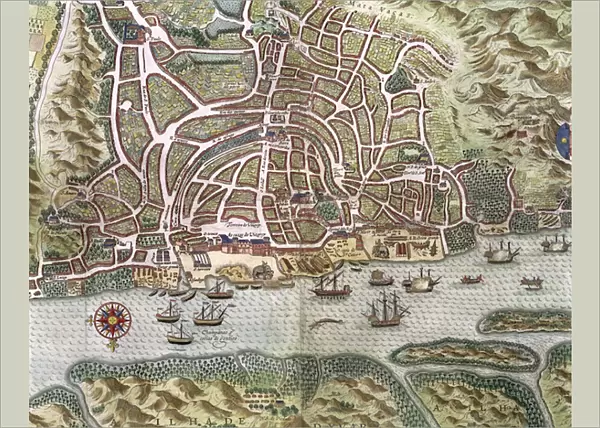 Map of the City and Portuguese Port of Goa, India, detail of port and merchant shipping