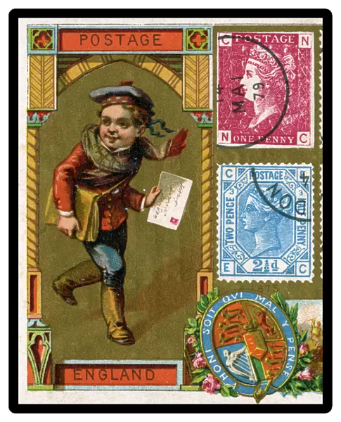 Young postman with his letter sack delivering a letter in Victorian England