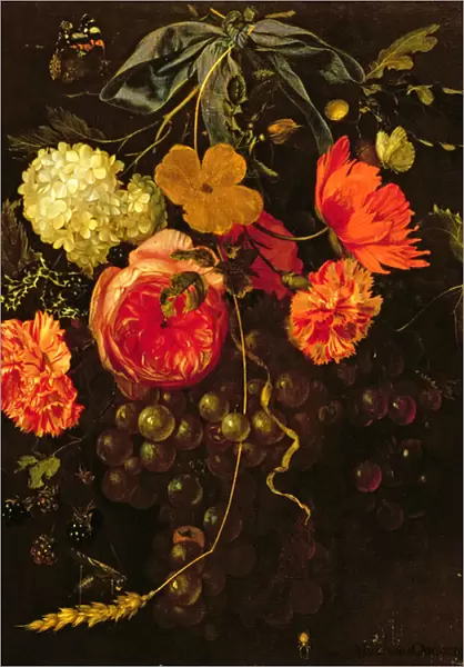 Still Life with a Swag of Fruits and Flowers Tied with a Blue Ribbon