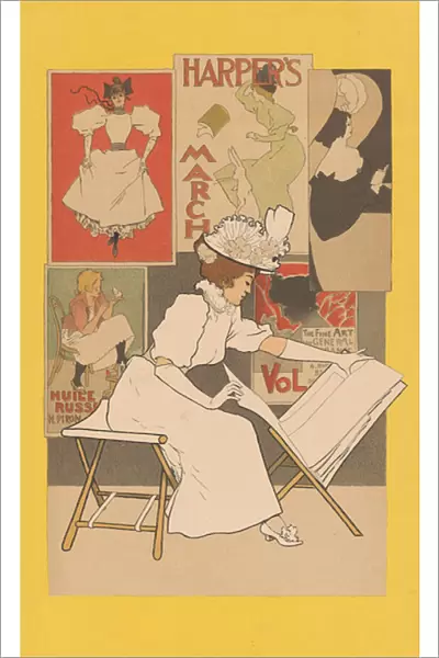 Seated woman at a stand looking at prints, 1897 (colour lithograph)