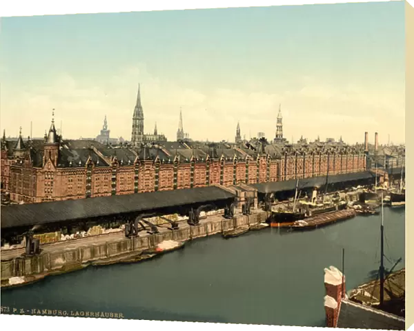 Warehouses at docks, Hamburg, Germany, Photochrome Print, c. 1900 (photochrom)