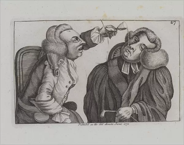 One man dribbles wine from a glass upon another (engraving)