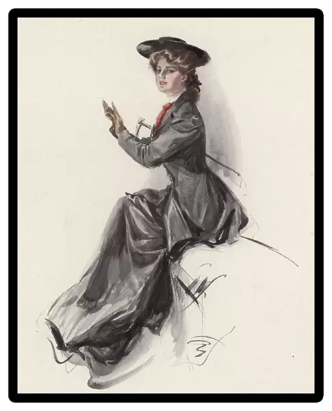Young woman getting ready to go horse riding (colour litho)