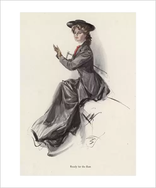 Young woman getting ready to go horse riding (colour litho)