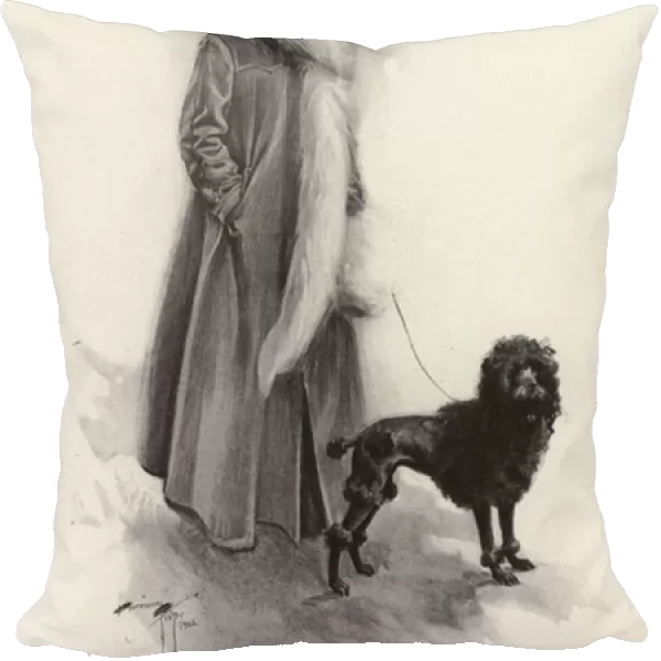 Woman in a long coat with a poodle (litho)