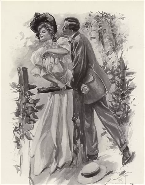 Man trying to steal a kiss from a young woman (litho)