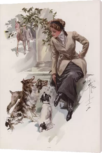 Young woman in her riding habit sitting with her dogs (colour litho)
