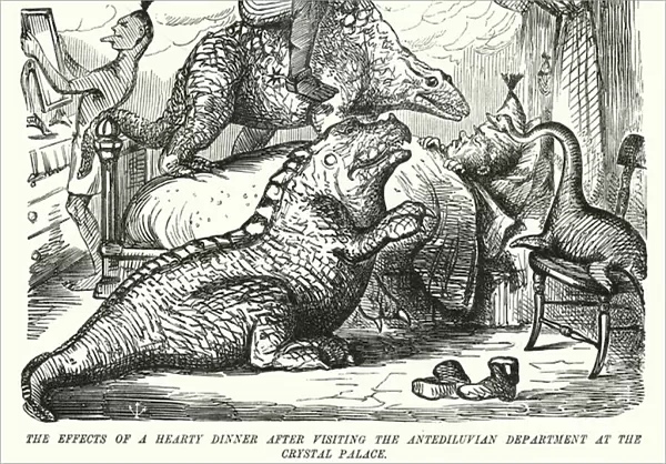 Punch cartoon: The Effects of a Hearty Dinner after Visiting the Antediluvian Department at the Crystal Palace - Benjamin Waterhouse Hawkins dinosaur sculptures (engraving)