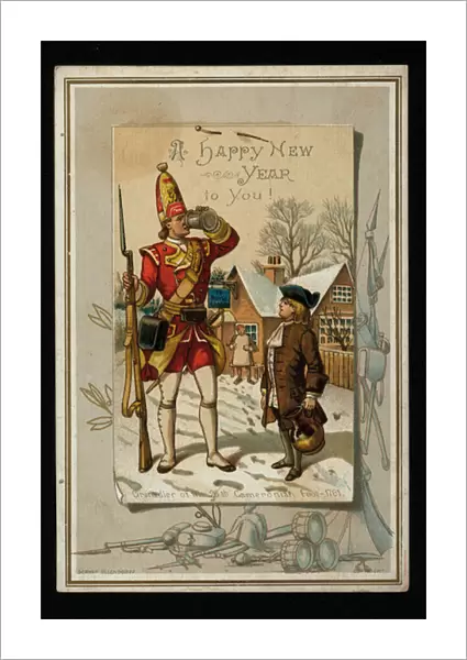 Grenadier of the 26th Cameronian Foot (1761) enjoying a drink, New Years greetings card (chromolitho)