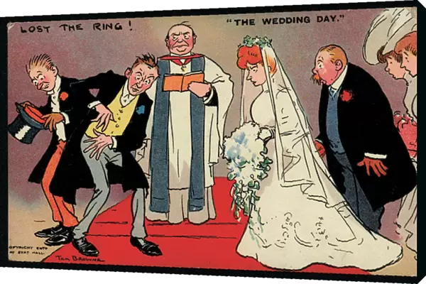 Bridegroom and best man unable to find the ring at a wedding (chromolitho)
