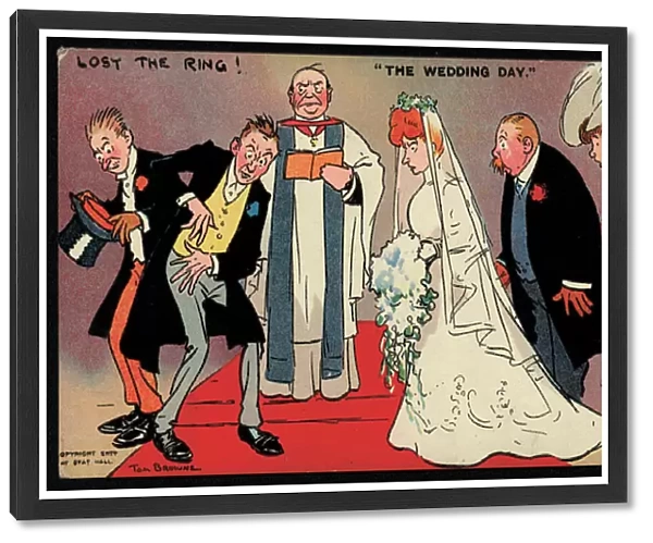 Bridegroom and best man unable to find the ring at a wedding (chromolitho)