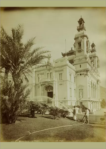 The theater annexed to the Casino in Montecarlo. In the foreground, a view of the garden adorned with palm trees, 1880-1890, Principality of Monaco (b  /  w photo)