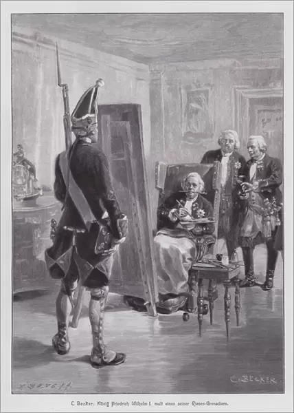 King Frederick William I of Prussia painting a grenadier of his Potsdamer Riesengarde (Giant Guard of Potsdam) (engraving)