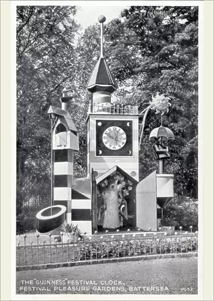 The Guinness Festival Clock, designed by Jan le Witt and George Him for the Festival of Britain, Battersea Festival Gardens, London, 1951 (b  /  w photo)