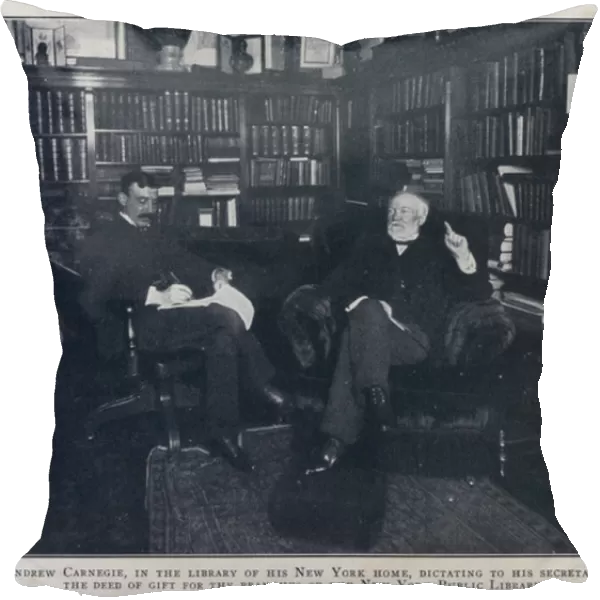 Andrew Carnegie, in the library of his New York home, dictating to his secretary the deed of gift for the branches of the New York Public Library (b  /  w photo)