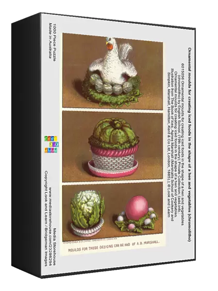 Ornamental moulds for creating iced foods in the shape of a hen and vegetables (chromolitho)
