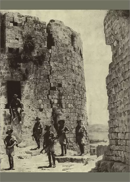 Australian soldiers searching for snipers in the ruins of the medieval Crusader castle in Sidon, Lebanon, after its capture from Vichy French forces, World War II, June 1941 (b  /  w photo)