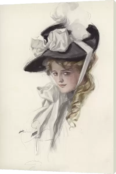 Portrait of a woman in a fancy hat (colour litho)