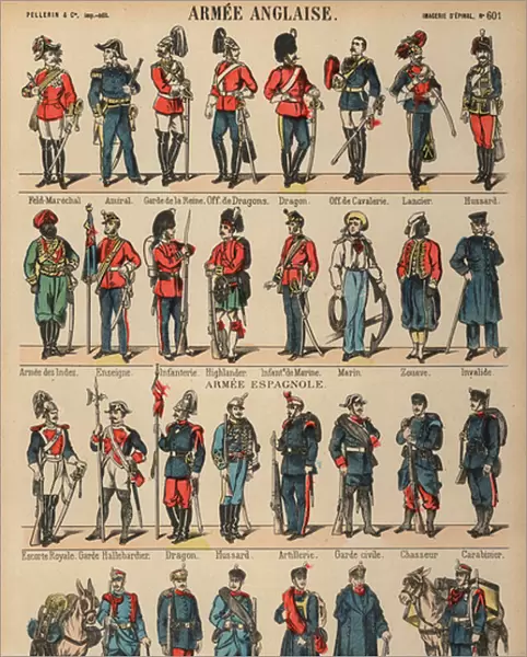 British and Spanish military uniforms (coloured engraving)