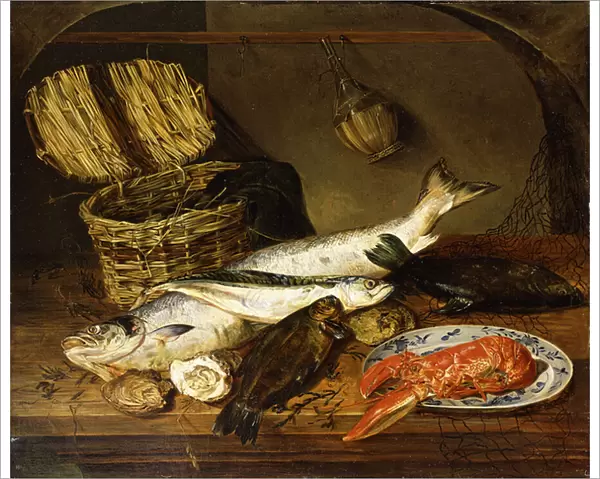A Salmon, a Mackerel, a Lobster on a Plate, a Wicker Basket, Oysters