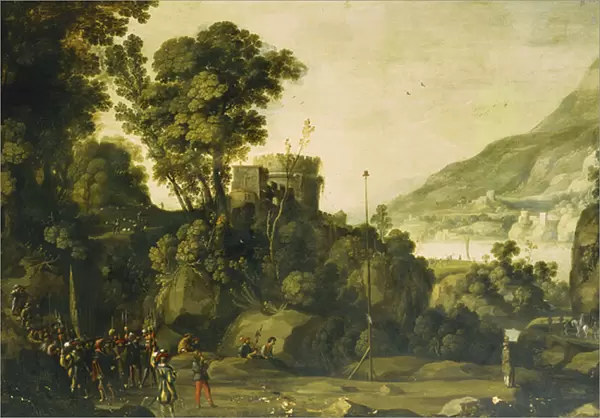 A Mountainous River Landscape with a Scene from the Life of William Tell, (oil on canvas)