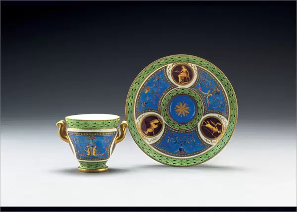 Sevres bleu celeste and pale-green ground two-handled cup and saucer, 1790 (ceramic)