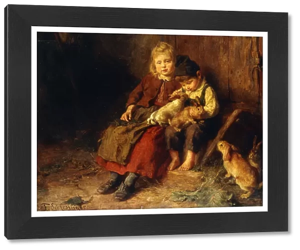 Two Children Playing with Rabbits, (oil on panel)